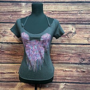 Disney Minnie Mouse Women's Medium Grey Shirt Top Blouse Customized Open Back